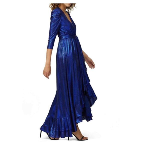 Retrofête Flora Sz Small Metallic Blue Wrap Dress Evening Cocktail High Low - Picture 2 of 15